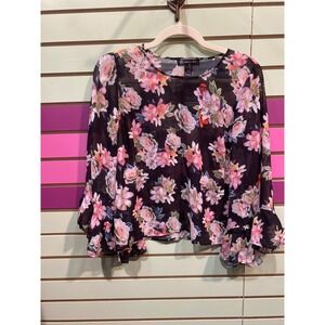 INC romantic Women Black Floral Bell Sleeve Sheer Blouse Top M